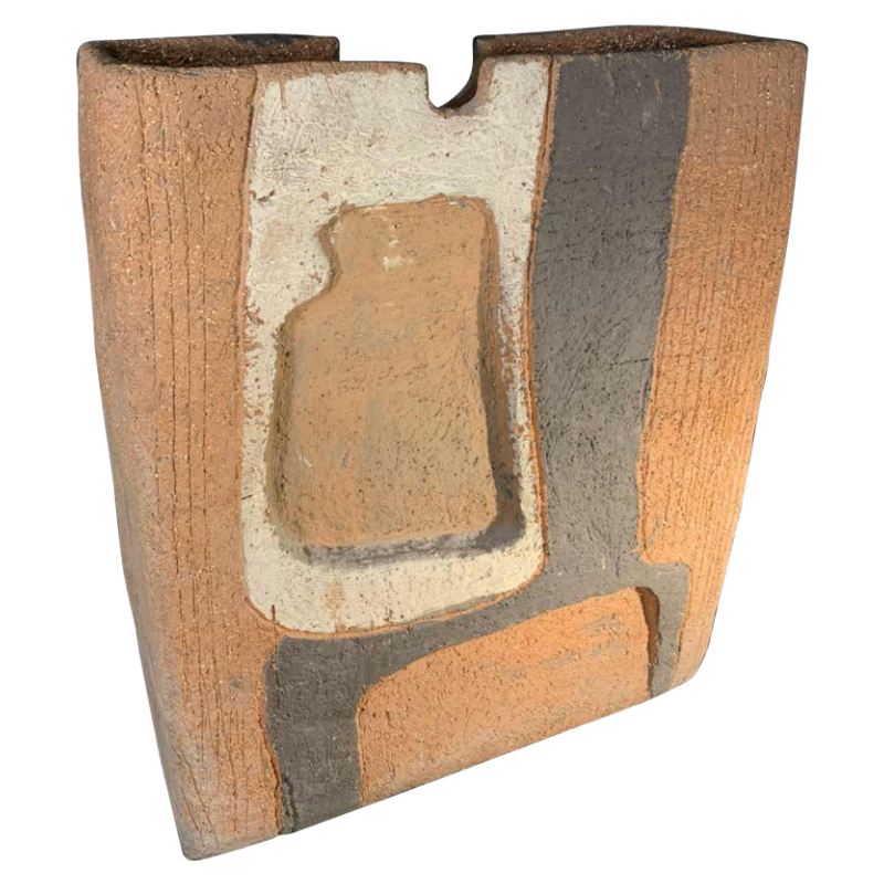 CECILE LEBRUN Céramiste Belge, Grand Vase Abstrait Brutaliste, Terre Cuite 1970s
