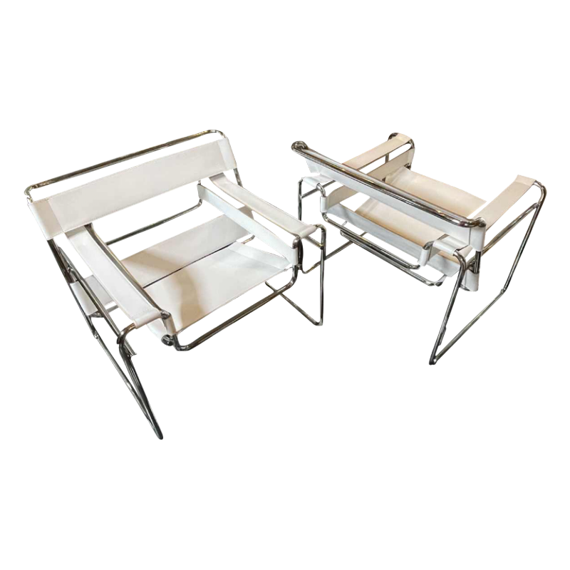 MARCEL BREUER par GAVINA, " WASSILY B3 " Paire de Fauteuils Cuir et Acier