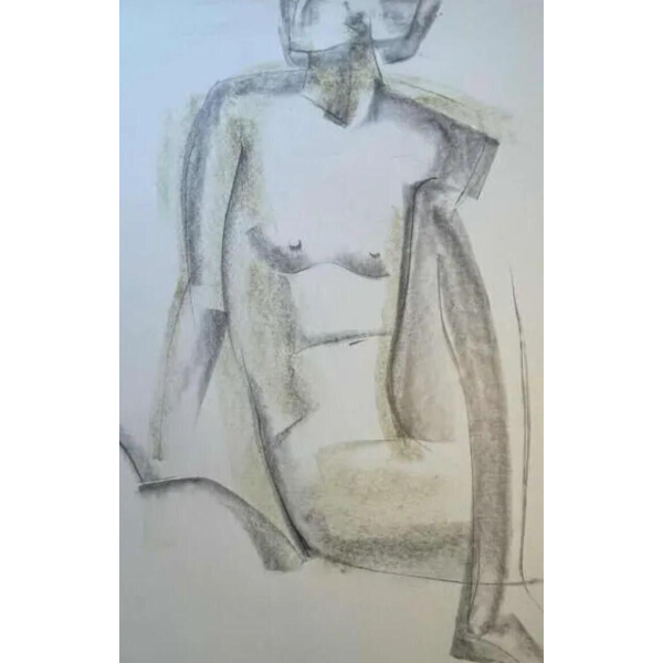 GEORGES (Géo) DE VLAMYNCK 'Abstract Female Nude G' painting / mixed media, charcoal ink chalk on wet paper