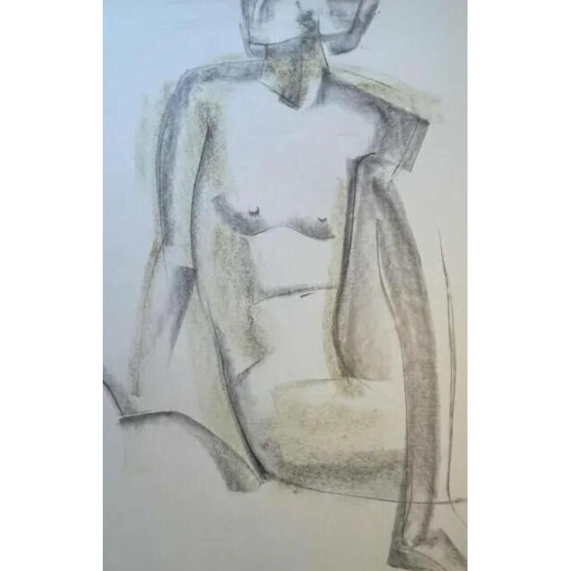 GEORGES (Géo) DE VLAMYNCK 'Nu de Femme Abstrait G' tableau / technique mixte, fusain encre craie sur papier mouillé