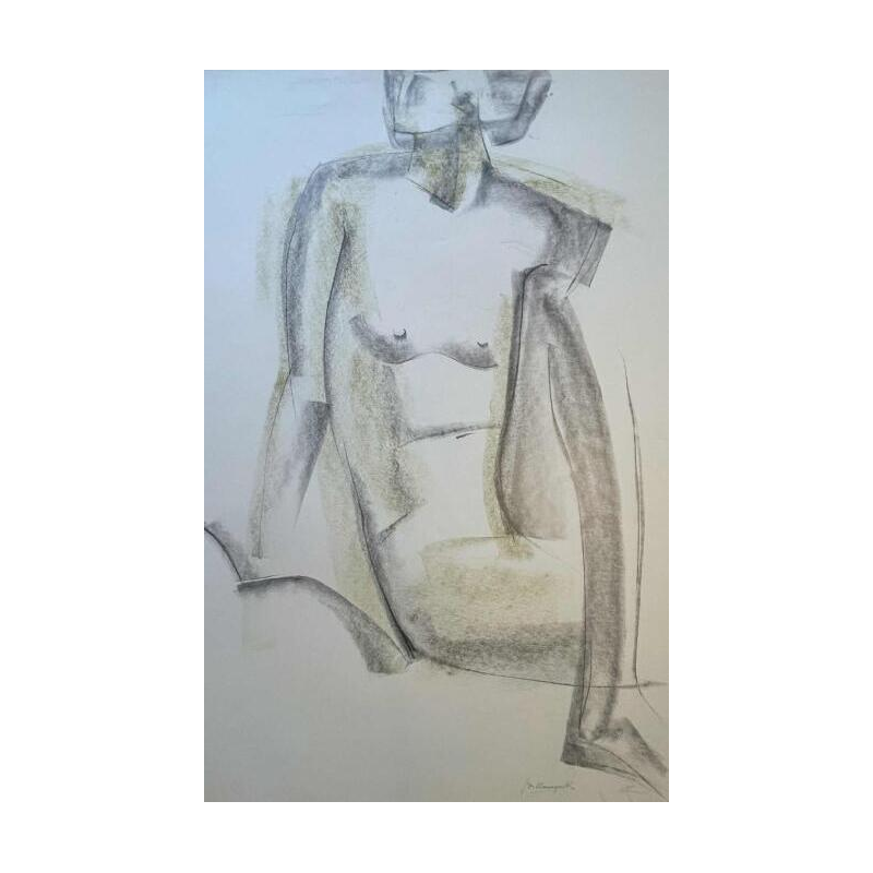 GEORGES (Géo) DE VLAMYNCK 'Nu de Femme Abstrait G' tableau / technique mixte, fusain encre craie sur papier mouillé