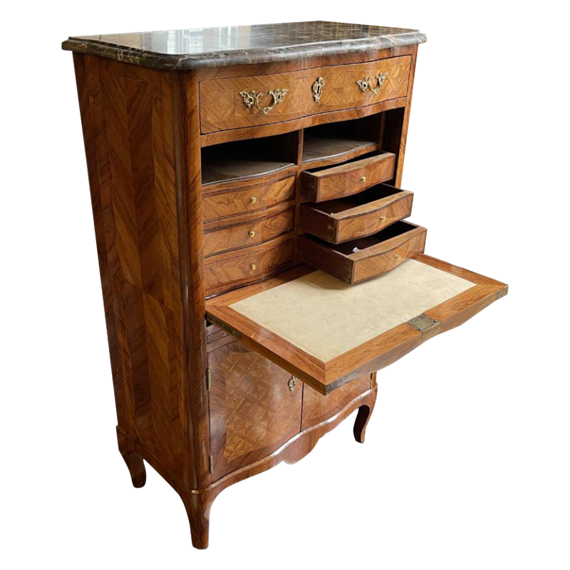 Dames schrijftafel met ingelegde gebogen klep, Napoleon III periode, 19de eeuw
