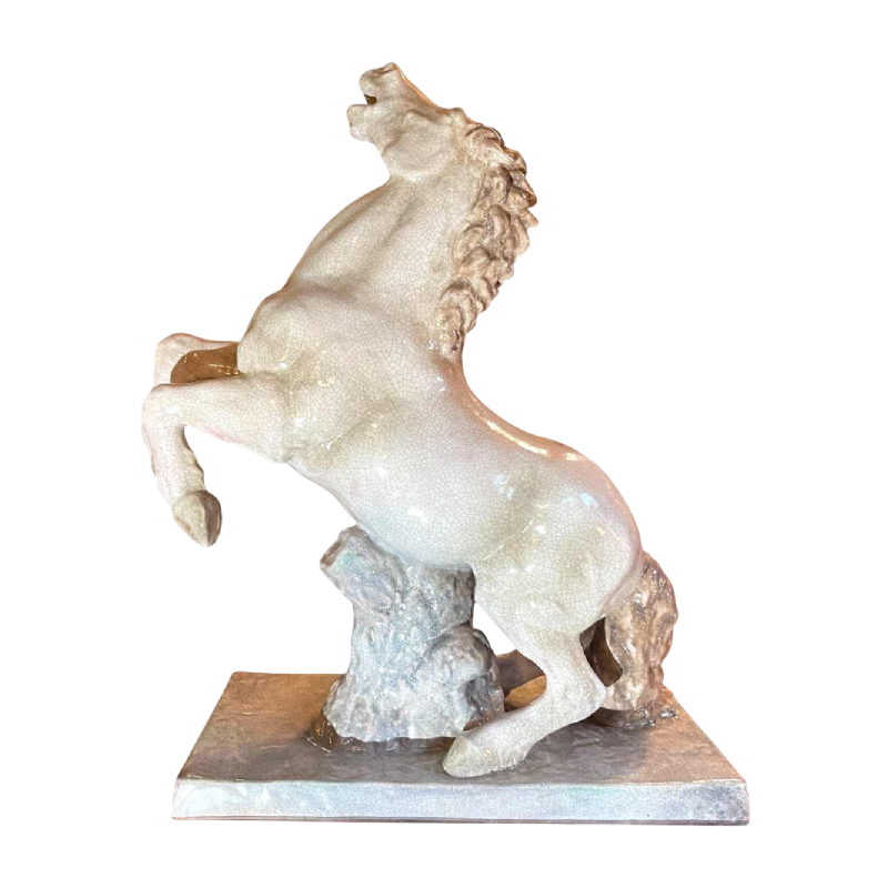 ELSE BACH / KARLSRUHE Prancing Horse 82cm Art Deco sculpture, majolica ceramic ( white craquelé ) ca 1935