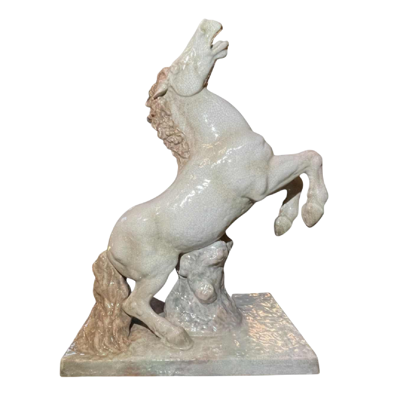 ELSE BACH / KARLSRUHE 'Cheval cabre´' 82cm sculpture Art De´co, céramique majolique ( craquelé blanc ) ca 1935
