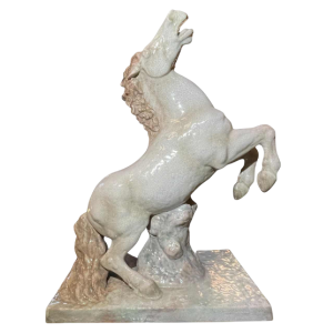 ELSE BACH / KARLSRUHE Prancing Horse 82cm Art Deco sculpture, majolica ceramic ( white craquelé ) ca 1935