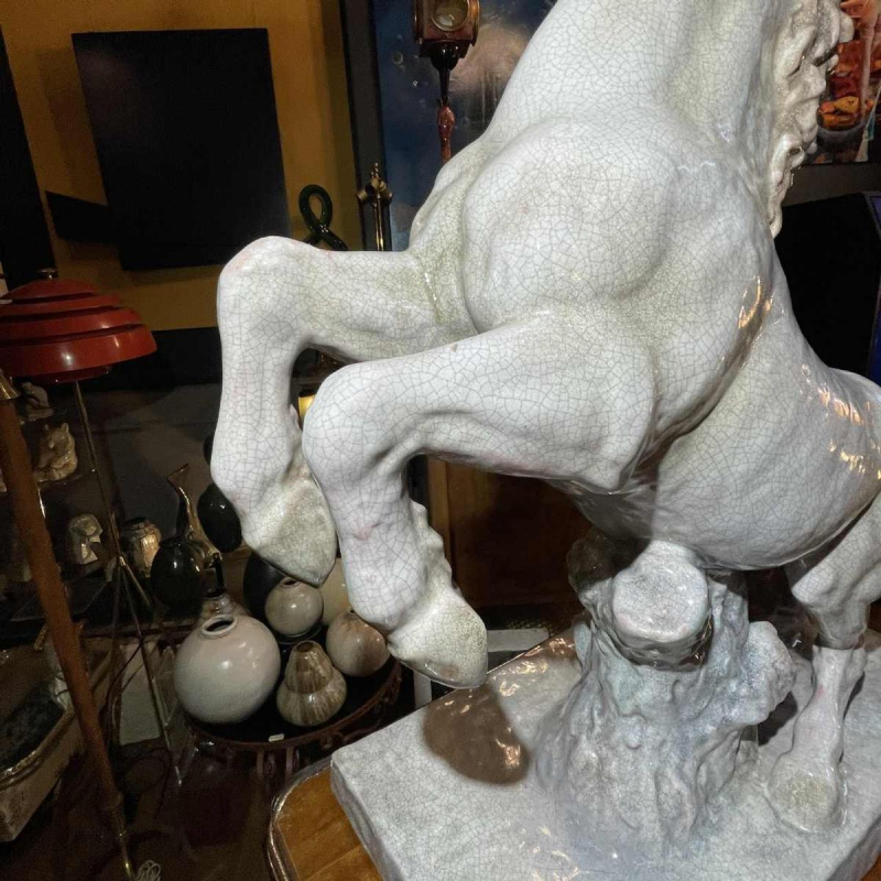 ELSE BACH / KARLSRUHE Prancing Horse 82cm Art Deco sculpture, majolica ceramic ( white craquelé ) ca 1935