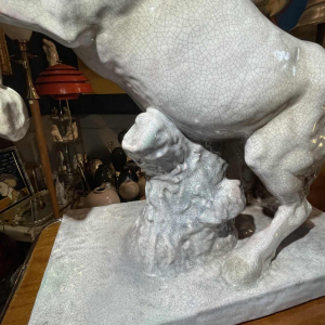 ELSE BACH / KARLSRUHE 'Cheval cabre´' 82cm sculpture Art De´co, céramique majolique ( craquelé blanc ) ca 1935