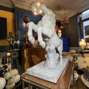 ELSE BACH / KARLSRUHE Prancing Horse 82cm Art Deco sculpture, majolica ceramic ( white craquelé ) ca 1935