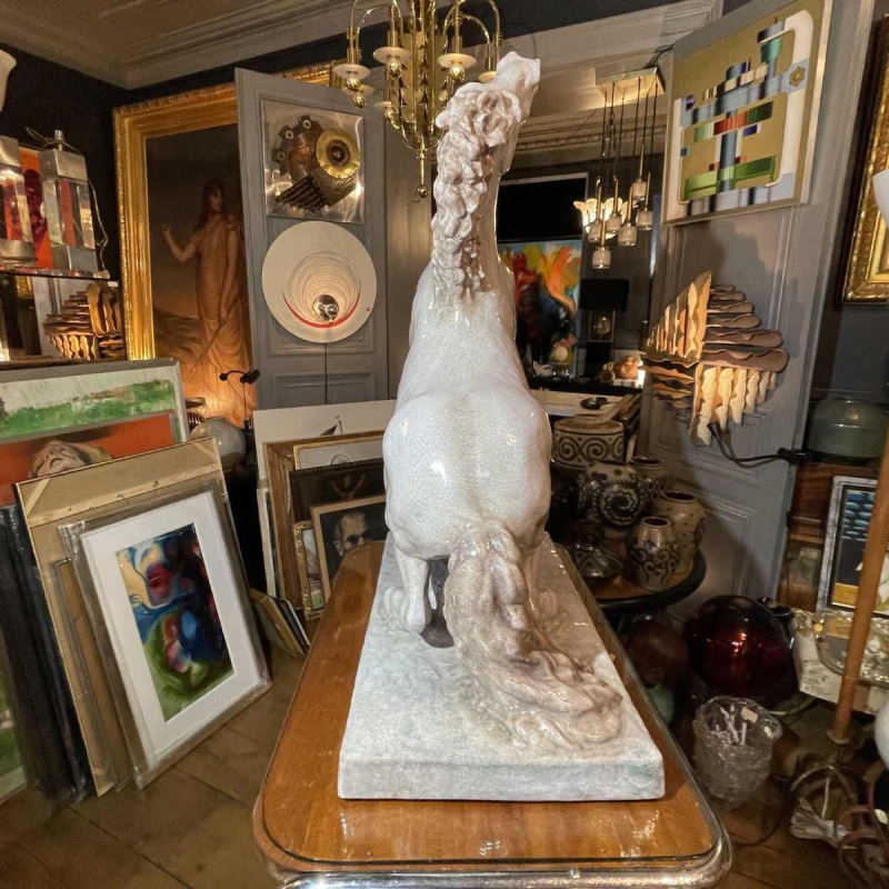 ELSE BACH / KARLSRUHE Prancing Horse 82cm Art Deco sculpture, majolica ceramic ( white craquelé ) ca 1935