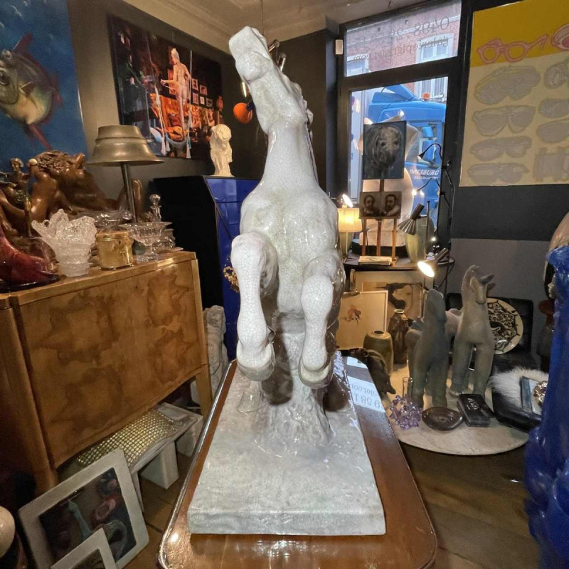 ELSE BACH / KARLSRUHE Prancing Horse 82cm Art Deco sculpture, majolica ceramic ( white craquelé ) ca 1935
