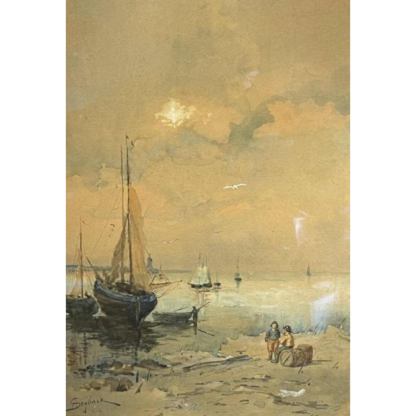 A. Semlinck " Barques échouées en mare´e basse " aquarelle marine, ca 1910