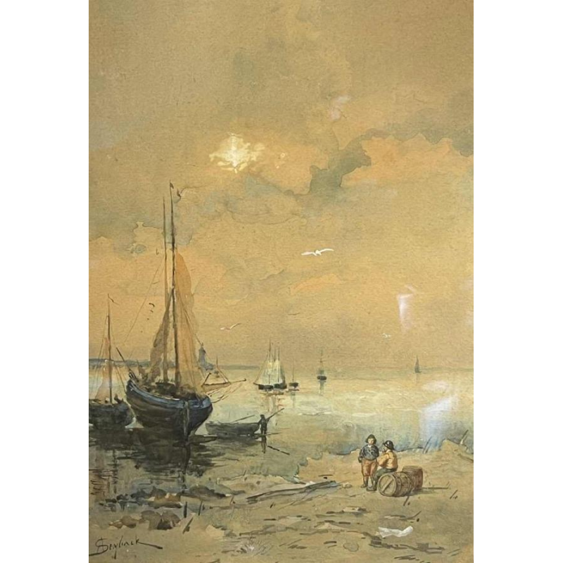 A. Semlinck " Barques échouées en mare´e basse " aquarelle marine, ca 1910