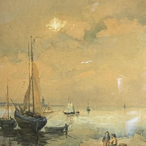 A. Semlinck " Barques échouées en mare´e basse " aquarelle marine, ca 1910