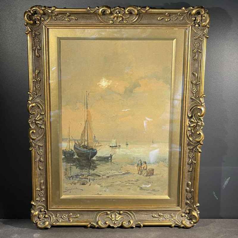 A. Semlinck " Boten gestrand bij eb " Marine Aquarel, ca 1910