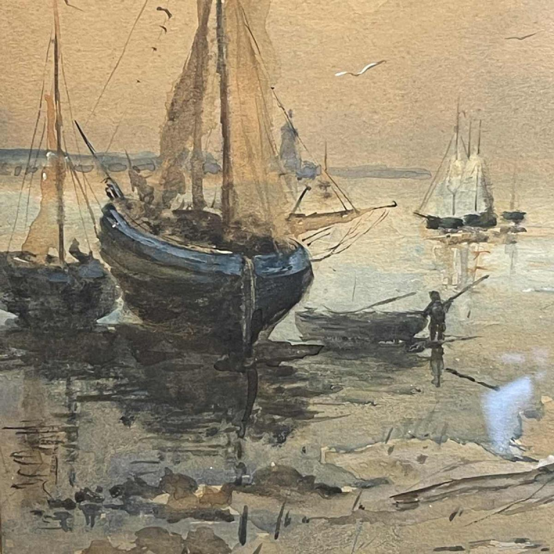 A. Semlinck " Boats stranded at low tide " Watercolour Seascape Marine, ca 1910