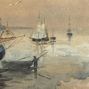 A. Semlinck " Barques échouées en mare´e basse " aquarelle marine, ca 1910