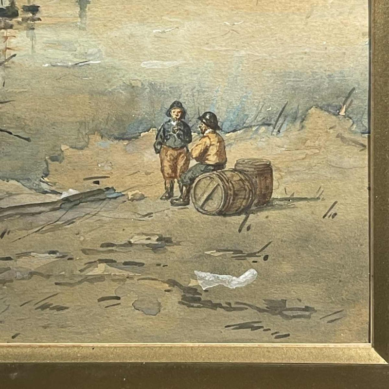 A. Semlinck " Barques échouées en mare´e basse " aquarelle marine, ca 1910