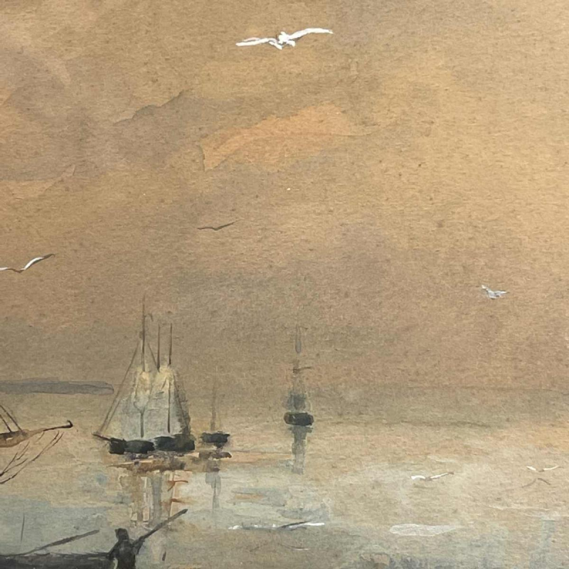 A. Semlinck " Barques échouées en mare´e basse " aquarelle marine, ca 1910