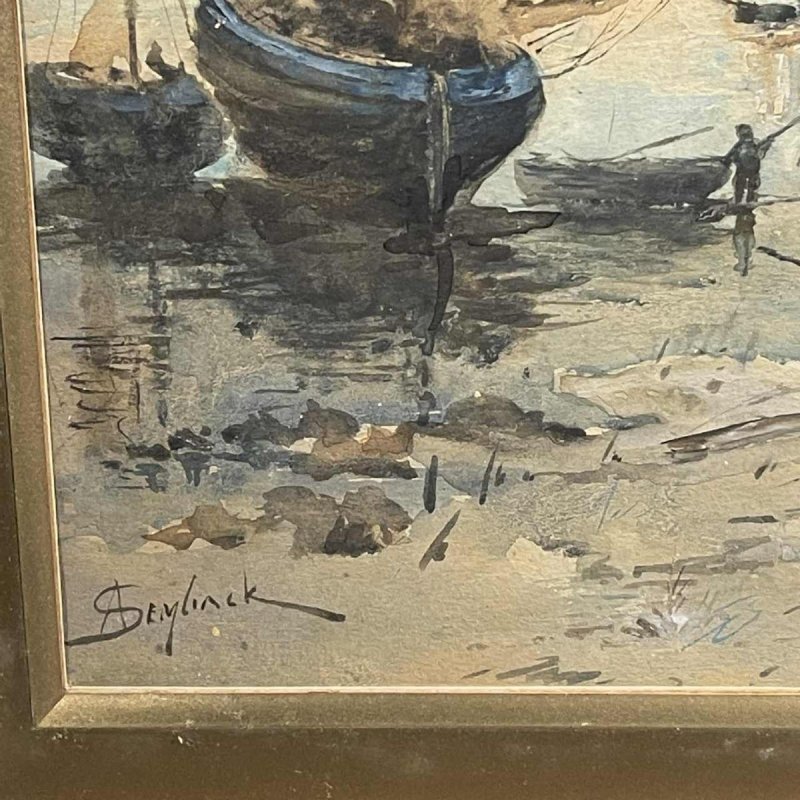 A. Semlinck " Boten gestrand bij eb " Marine Aquarel, ca 1910