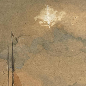 A. Semlinck " Boten gestrand bij eb " Marine Aquarel, ca 1910