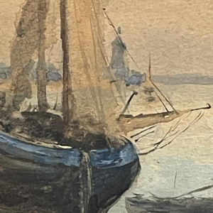 A. Semlinck " Boten gestrand bij eb " Marine Aquarel, ca 1910