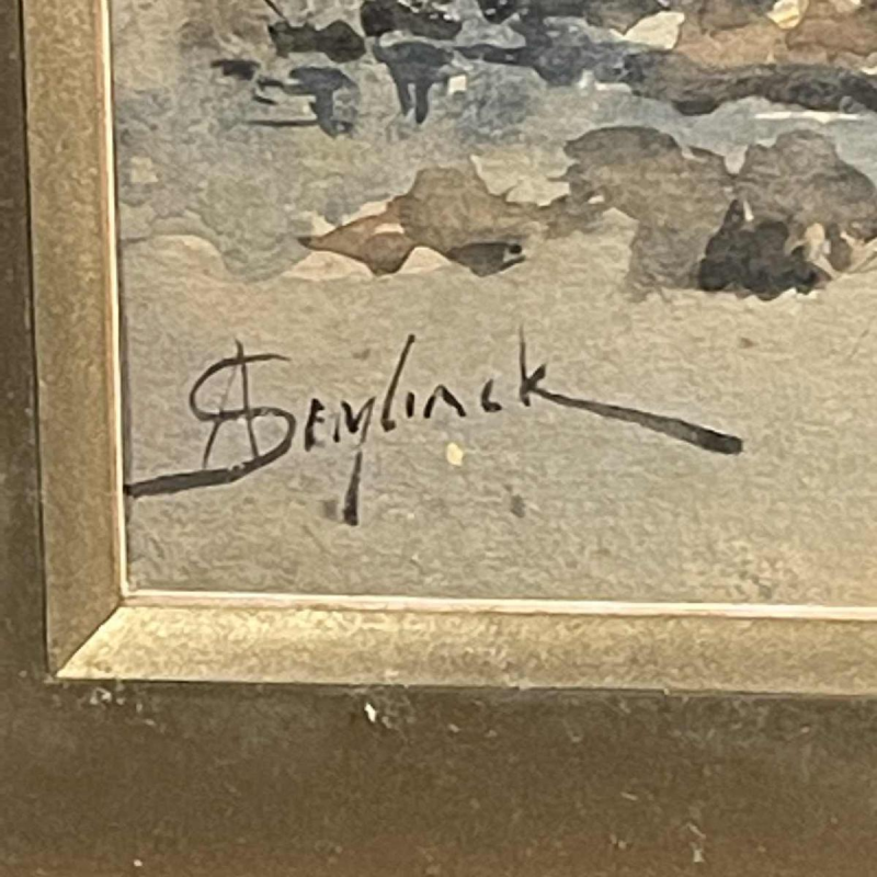 A. Semlinck " Boten gestrand bij eb " Marine Aquarel, ca 1910