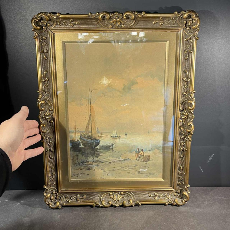 A. Semlinck " Barques échouées en mare´e basse " aquarelle marine, ca 1910