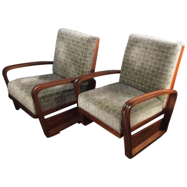 Rare Paire de Fauteuils " Aviateur " Design Art Déco, acajou massif, 1930/40