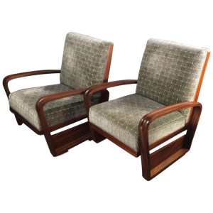Rare Paire de Fauteuils " Aviateur " Design Art Déco, acajou massif, 1930/40