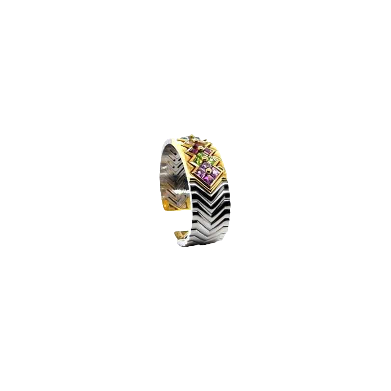 Bracelet or jaune & acier, aigue-marine, saphir jaune, améthyste