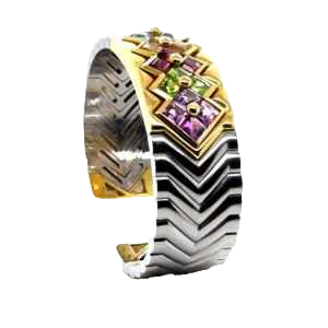 Yellow gold & steel bracelet, aquamarine, yellow sapphire, amethyst