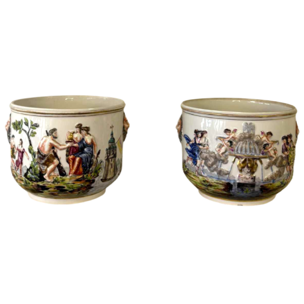 Capodimonte, pair of planters, polychrome enamelled porcelain, antique scenes decoration in bas-relief, 19th c