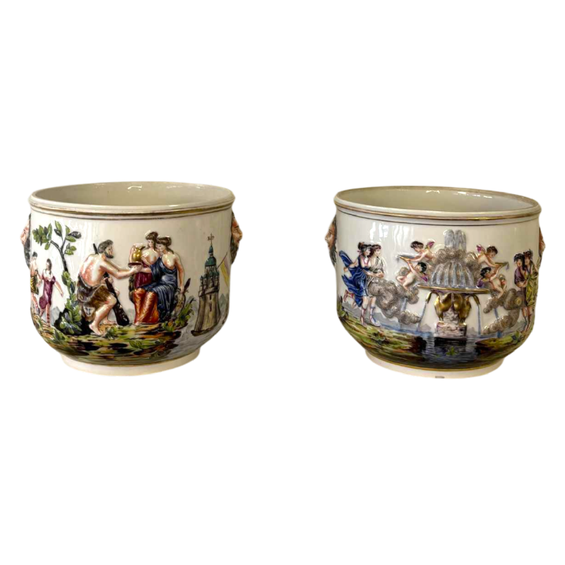 Capodimonte, pair of planters, polychrome enamelled porcelain, antique scenes decoration in bas-relief, 19th c