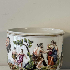 Capodimonte, pair of planters, polychrome enamelled porcelain, antique scenes decoration in bas-relief, 19th c