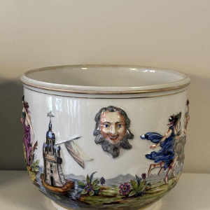 Capodimonte, pair of planters, polychrome enamelled porcelain, antique scenes decoration in bas-relief, 19th c