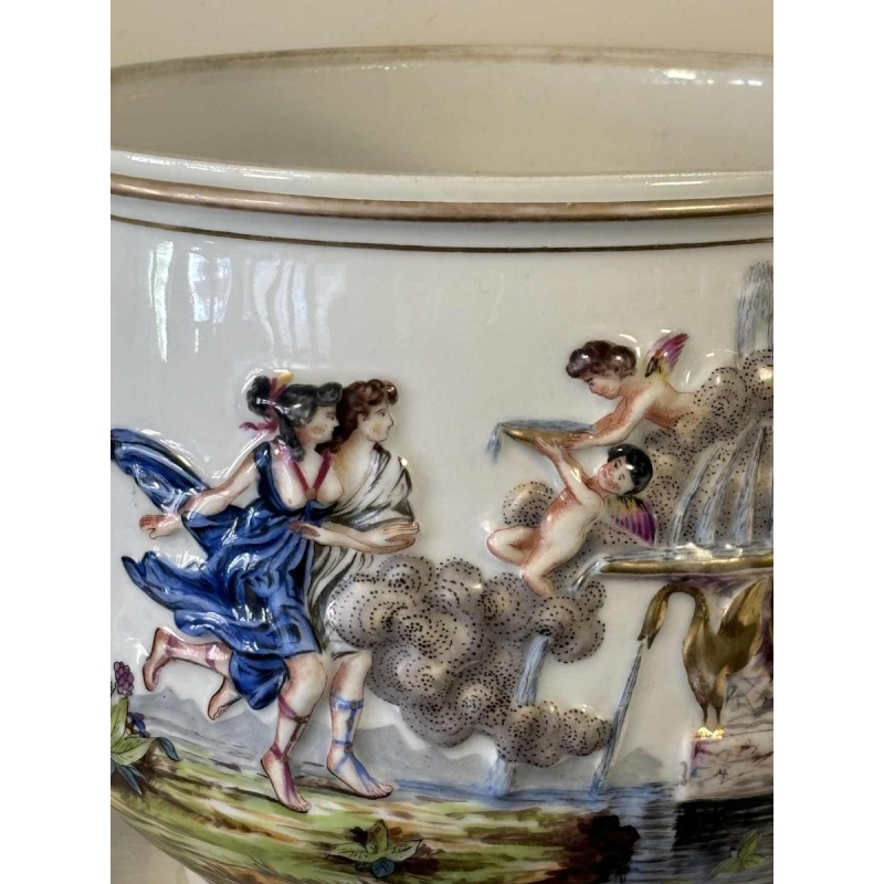 Capodimonte, pair of planters, polychrome enamelled porcelain, antique scenes decoration in bas-relief, 19th c