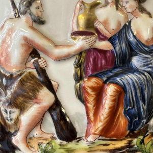 Capodimonte, pair of planters, polychrome enamelled porcelain, antique scenes decoration in bas-relief, 19th c