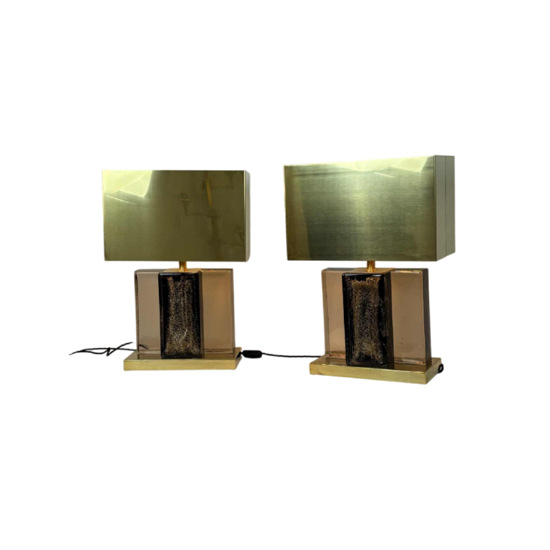 Pair of Hollywood regency table lamps, Murano glitter glass and gilded brass, 20th century Italy