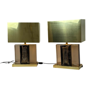 Pair of Hollywood regency table lamps, Murano glitter glass and gilded brass, 20th century Italy