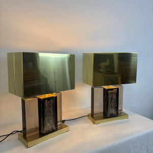 Paar Hollywood regency tafellampen, Murano glitterglas en verguld messing, 20e eeuw Italië