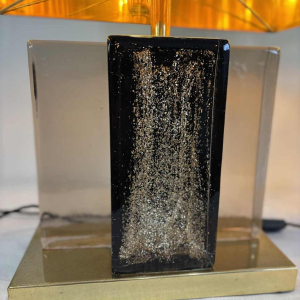 Paire de lampes à poser Hollywood regency, verre de Murano pailleté et laiton doré, Italie 20ème siècle