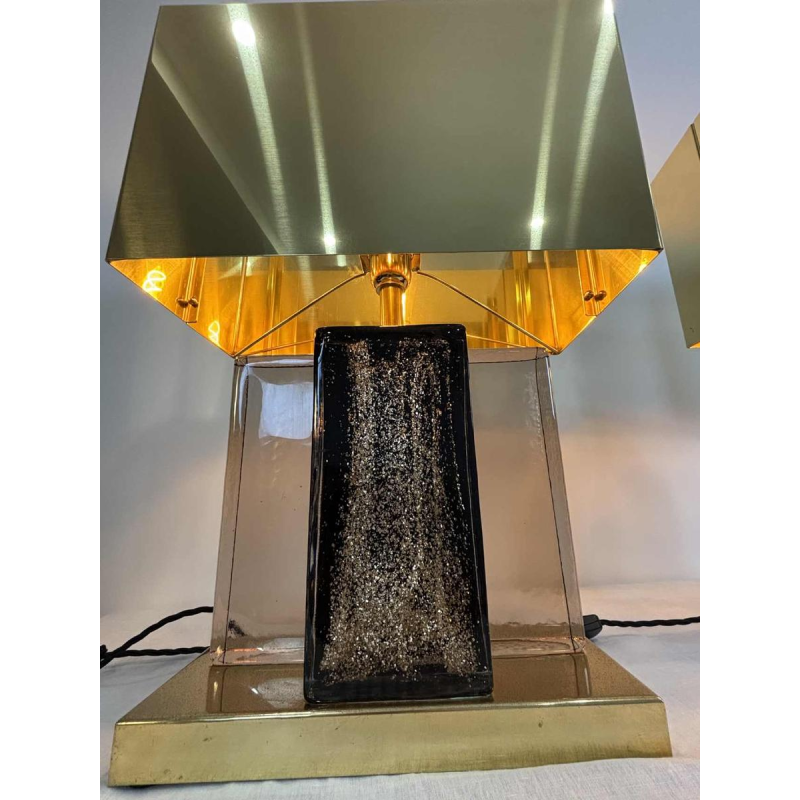 Pair of Hollywood regency table lamps, Murano glitter glass and gilded brass, 20th century Italy