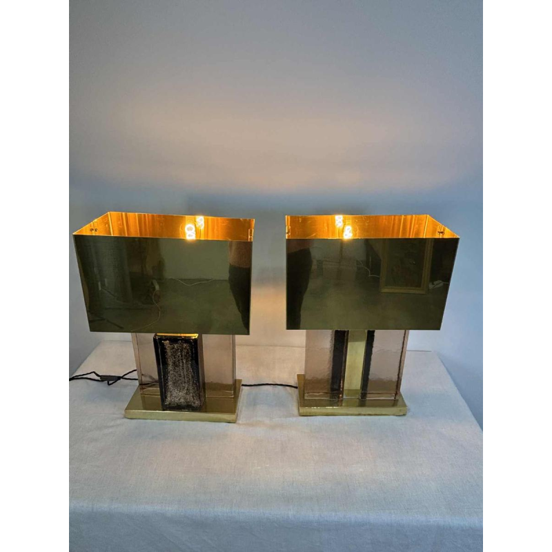 Pair of Hollywood regency table lamps, Murano glitter glass and gilded brass, 20th century Italy