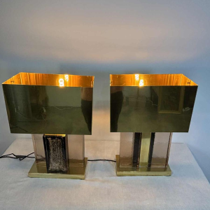 Pair of Hollywood regency table lamps, Murano glitter glass and gilded brass, 20th century Italy