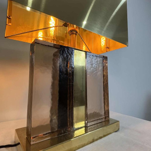 Pair of Hollywood regency table lamps, Murano glitter glass and gilded brass, 20th century Italy