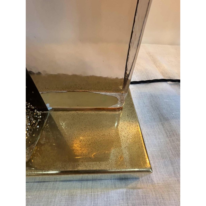 Paire de lampes à poser Hollywood regency, verre de Murano pailleté et laiton doré, Italie 20ème siècle