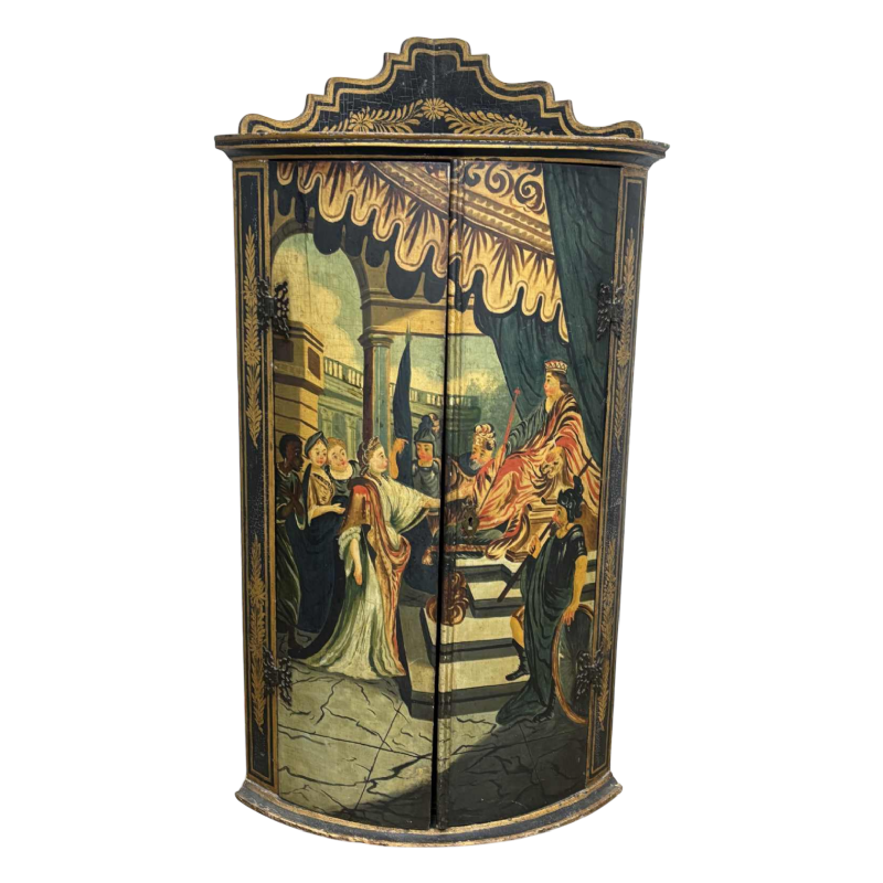 Meuble d'angle polychrome, décor peint 'Scène de Cour' 19e siècle