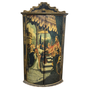 Corner cabinet with curved facade, painted decoration 'Court scene' 19th century