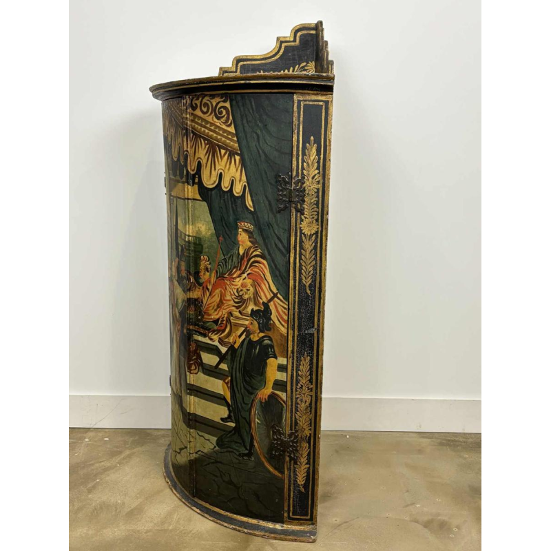 Corner cabinet with curved facade, painted decoration 'Court scene' 19th century