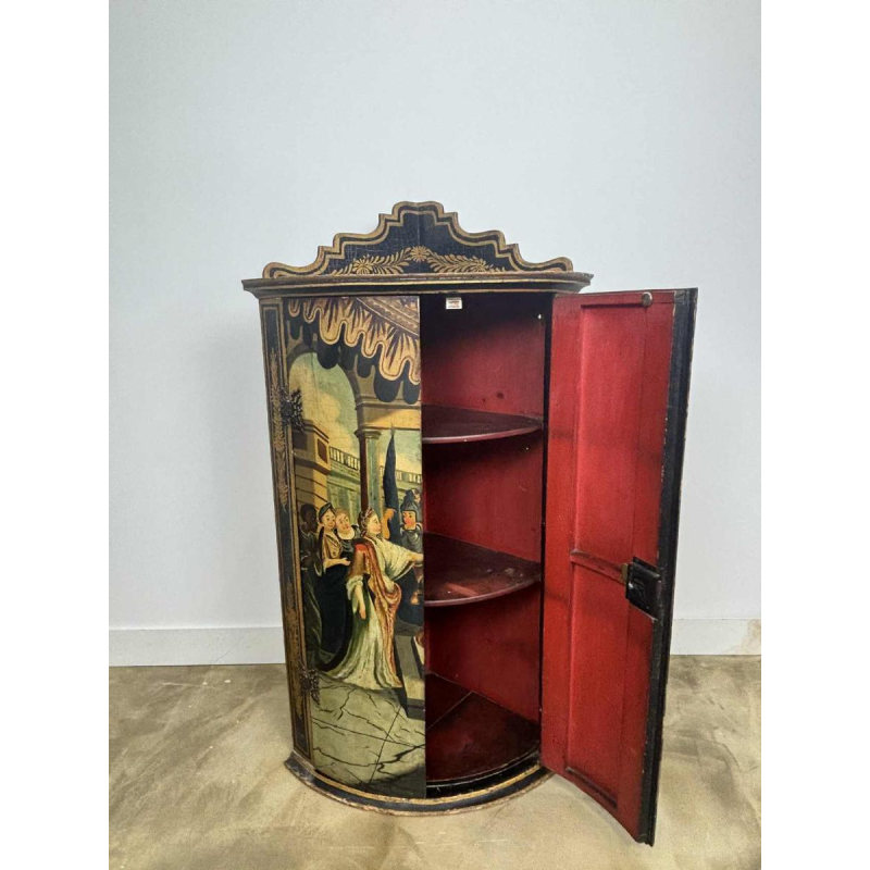 Corner cabinet with curved facade, painted decoration 'Court scene' 19th century